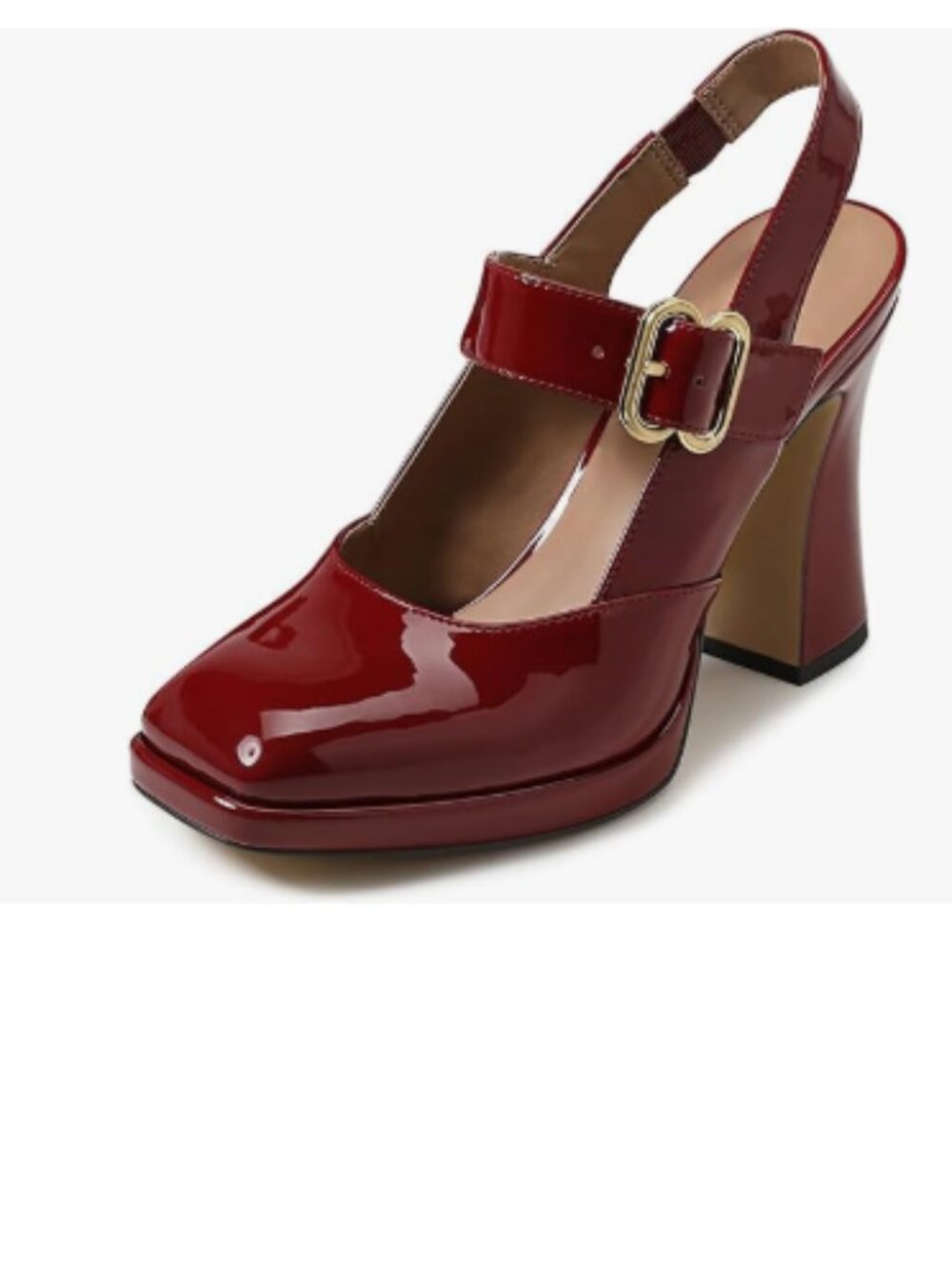 FYS Red Platform Square Toe Pumps Block High Heel Mary Janes Slingback Sexy Shoe